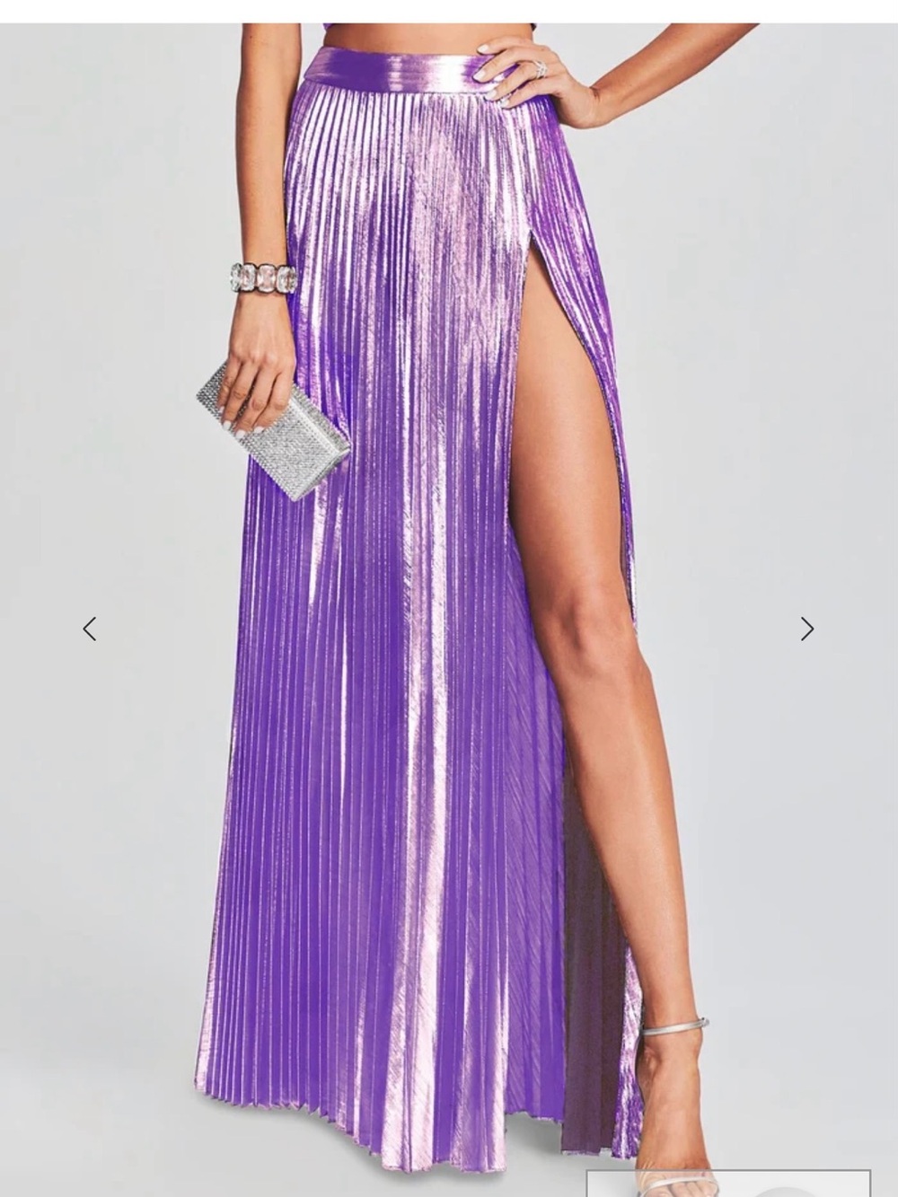 Retrofete Metallic Lavender Pleated Maxi Skirt with High Slit HEMMED 3 inches - Picture 7 of 7